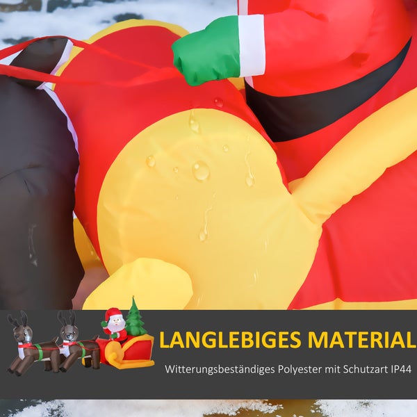 HOMCOM LED Figur, Motiv Weihnachtsmann mit Schlitten und Rentieren, aufblasbar, beleuchtet Garten, IP 44,  L230 x B60 x H120 cm, 190D Polyester, warm weiß