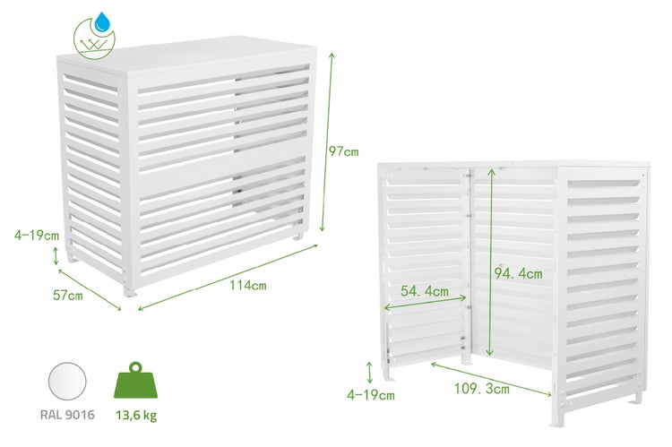 Abdeckung für Klimaanlage mit Maßen, Gewicht 13,6 kg, Farbe RAL 9016 und wasserabweisender Oberfläche