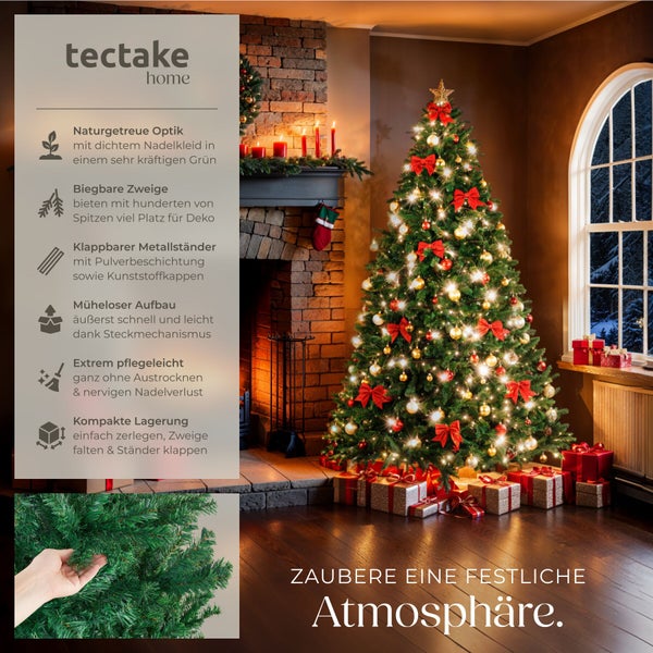 Tectake Home Logo, künstlicher Weihnachtsbaum in festlich dekoriertem Wohnzimmer mit Kamin, Ziegelwand und Geschenken.