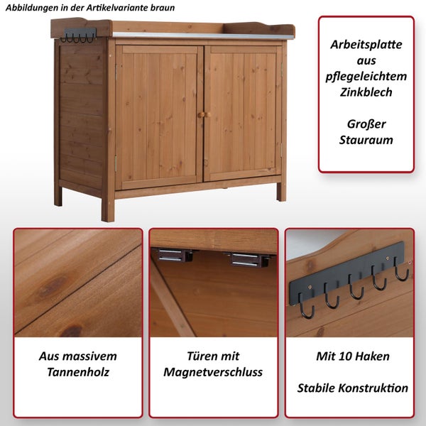 Brauner Gartenschrank aus massivem Tannenholz mit Arbeitsplatte aus Zinkblech und zehn Haken