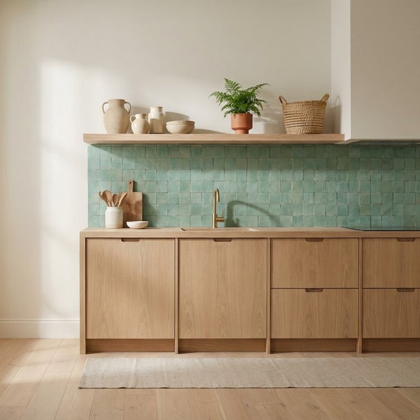 Moderne Küche mit Holzfronten, hellgrünem Fliesenspiegel und Wandregal, kombiniert mit einer goldfarbenen Armatur in hellem Ambiente.