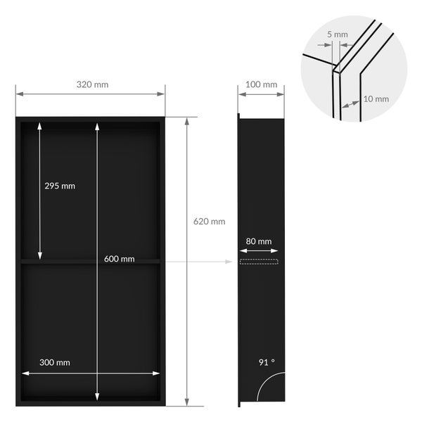 Schwarze Wandnische aus Metall mit zwei Fächern für den Wandeinbau im Badezimmer.