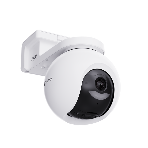 EZVIZ Überwachungskamera mit Schwenk und Neigefunktion sowie Wandhalterung in Weiß und Schwarz für den Außenbereich.