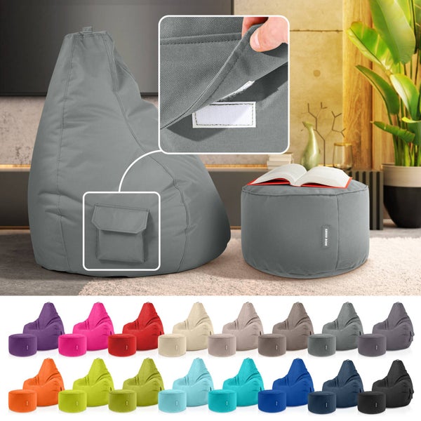 Green Bean 2er Set Sitzsack + Hocker - fertig befüllt - robust waschbar schmutzabweisend - Kinder & Erwachsene Bean Bag Bodenkissen Lounge Sitzhocker Relax-Sessel Gamer Gamingstuhl Pouf - Grau