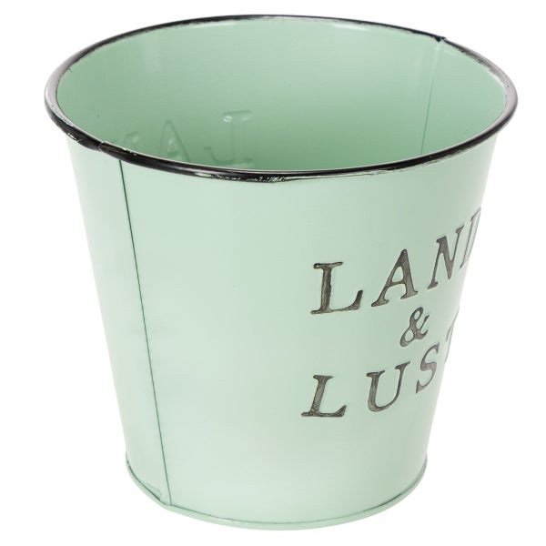 Übertopf aus Metall in Mintgrün mit schwarzem Rand und geprägter Aufschrift Land und Lust.