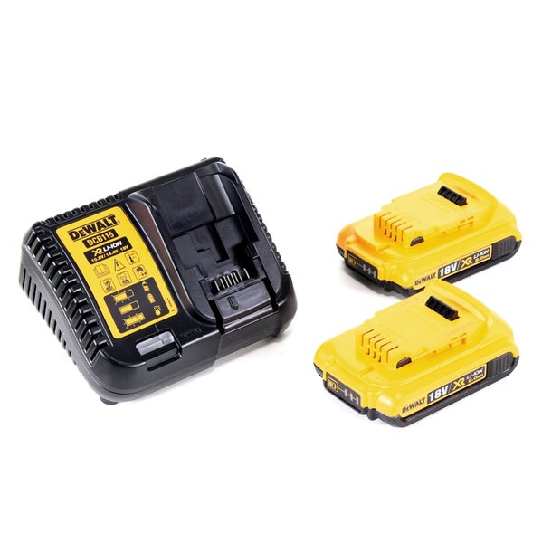 DeWalt Starter-Set bestehend aus einem Ladegerät DCB115 und zwei 18 Volt Lithium-Ionen-Akkus mit einer Kapazität von 2,0 Amperestunden.