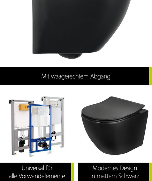 aquaSu® Spülrandloses Wand WC in matt schwarz, Tiefspüler, Inklusive WC-Sitz mit Absenkautomatik, Toilettendeckel aus Duroplast, Abgang waagerecht, Hänge WC zur Wandmontage, 048859
