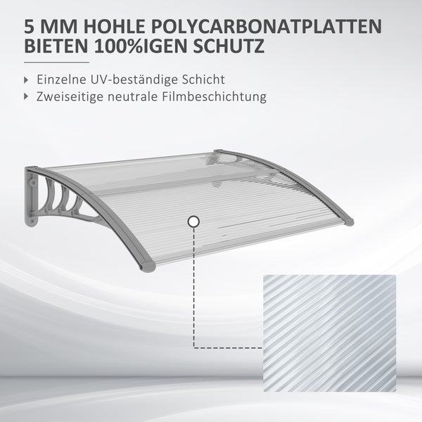 Outsunny Vordach für Haustür 100 x 75 cm Pultbogenvordach Überdachung aus Aluminium und Polycarbonat Pultvordach mit UV Schutz Haustürvordach für Balkon, Sonnenschutz, Regenschutz, Silber