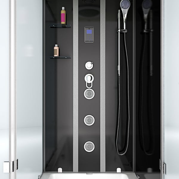 Modernes Duschpaneel in einer Duschkabine mit Handbrause, drei Massagedüsen, digitalem Display und zwei Glasablagen für Badutensilien.