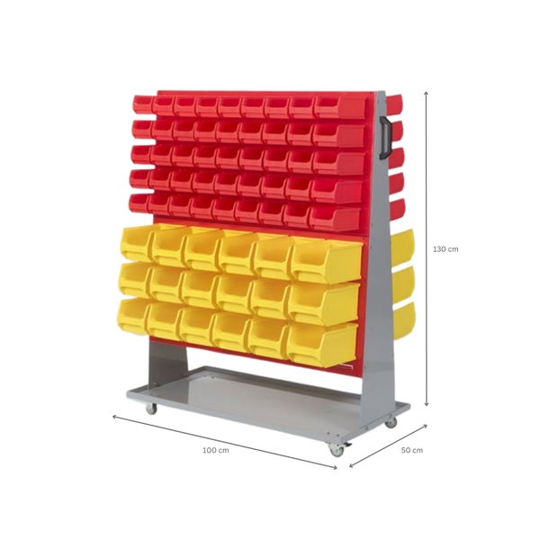PROREGAL ProfiDrop Systemwagen auf Rollen mit Roten Systemplatten und 90 x Rote Sichtlagerbox 2.0 und 36 x Gelbe Sichtlagerbox 3.0 130 x 100 x 50 cm