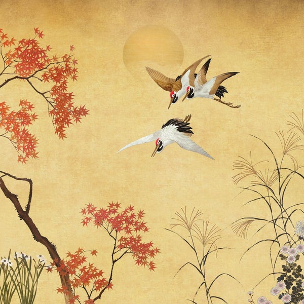 Illustration von Kranichen, Bäumen und Blumen im japanischen Stil