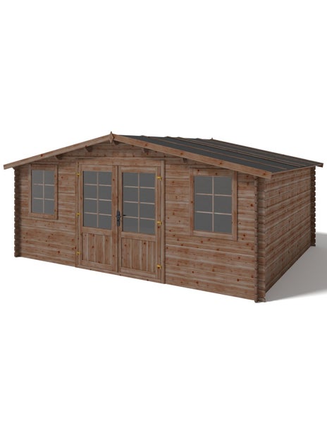 Gartenhaus aus Holz mit Doppeltür und zwei Fenstern in Blockbohlenbauweise mit Satteldach