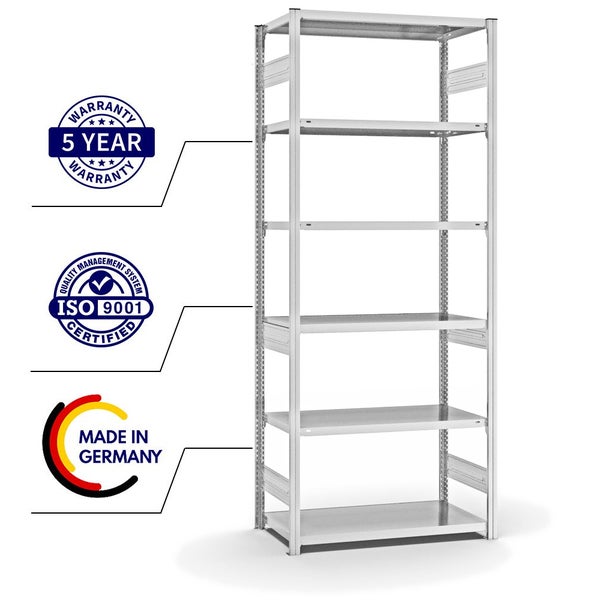 PROREGAL Fachbodenregal Stecksystem T-Profil Medium-Duty Grundregal HxBxT 250 x 100 x 50 cm 6 Ebenen Fachlast 230 kg Beidseitig Nutzbar Lichtgrau