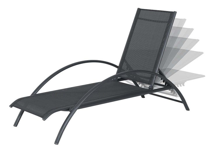 Gartenliege mit mehrfach verstellbarer Rückenlehne, Metallgestell und Textilbespannung in Anthrazit.