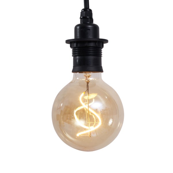 LED-Filament-Leuchtmittel in Globe-Form mit spiralförmigem Glühfaden und schwarzer Fassung.