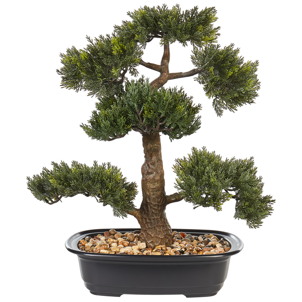 Künstlicher Bonsai-Baum im Topf mit Ziersteinen