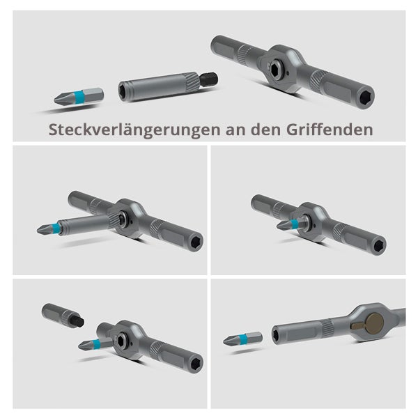 Darstellung von Steckverlängerungen an Griffenden eines Schraubendrehers.