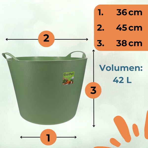 Abbildung eines Eimers mit den Maßen: 36 cm Durchmesser unten, 45 cm Durchmesser oben, 38 cm Höhe und 42 Liter Volumen