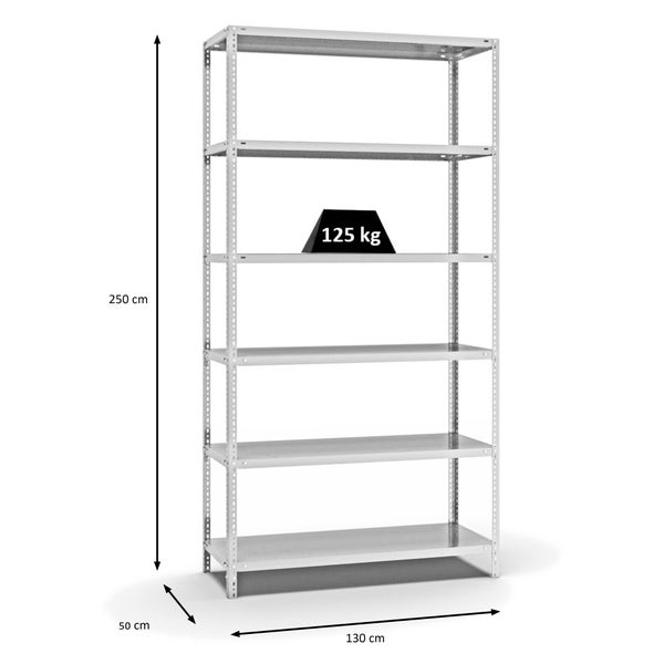 PROREGAL Fachbodenregal Schraubsystem Light-Duty Grundregal HxBxT 250 x 130 x 50 cm 6 Ebenen Fachlast 125 kg Beidseitig Nutzbar Lichtgrau