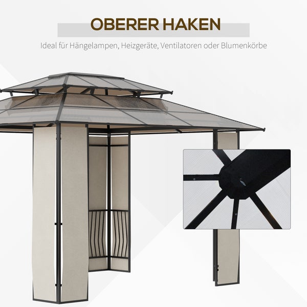 Outsunny Pavillon, Gartenpavillon, mit Sonnendach, Aluminum, Stahl, Polyester, 3,65 x 3 x 2,75 m, Braun+Hellgrau