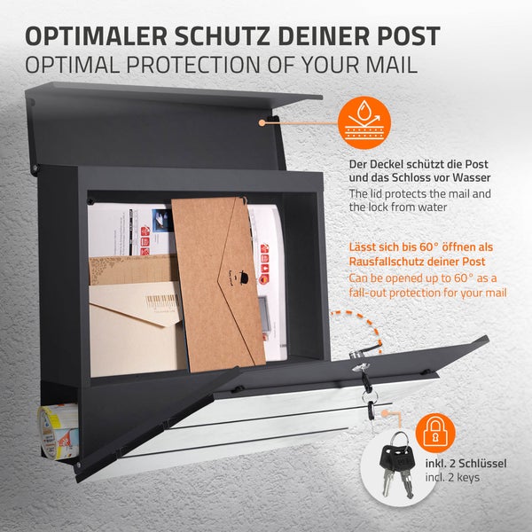 Wandbriefkasten mit Zeitungsfach, Schutzdeckel gegen Wasser, 60 Grad Öffnungswinkel zum Schutz vor Herausfallen und zwei Schlüsseln.