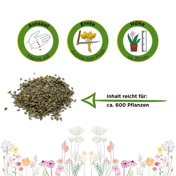 Pflanzensamen: Aussaat Mai bis Juli, Ernte Juni bis zum Frost, Höhe circa 20 Zentimeter. Inhalt reicht für circa 600 Pflanzen.