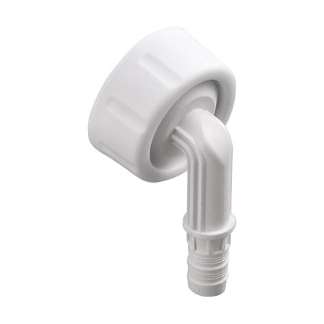 Winkelschlauchverschraubung aus weißem Kunststoff mit 90 Grad Winkel und Schlauchtülle.