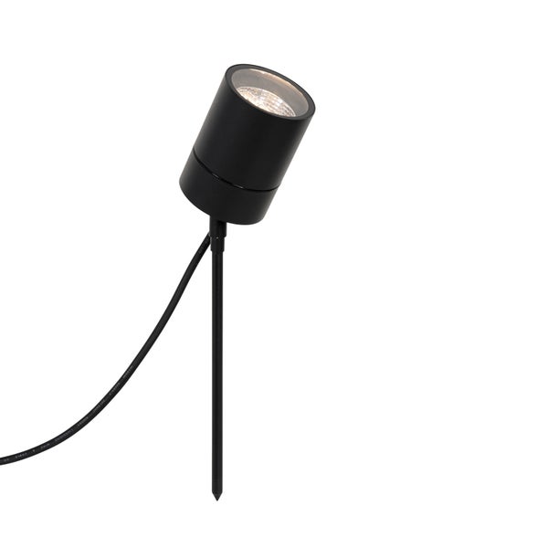 Schwarzer Gartenstrahler mit Erdspieß und Kabel, zylinderförmiger Leuchtenkopf.