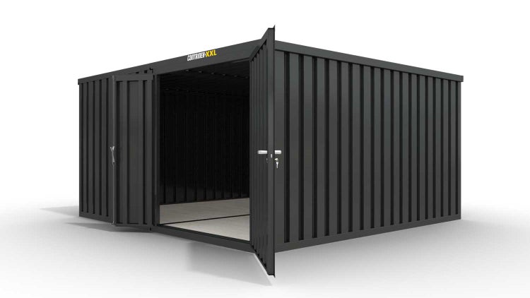 Lagercontainer Gerätehaus L2  – 16 qm, H2150 x B4050 x T4340 mm, Außenwandlackierung anthrazit, Dach außen verzinkt, mit Holzfußboden, 1830 mm Doppelflügeltür mittig in Modul D, montiert