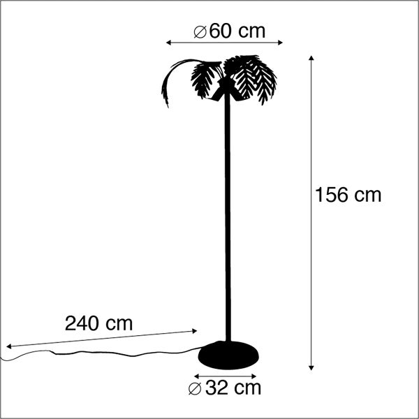 Abmessungen einer Stehlampe in Palmenform: 156 cm Höhe, 60 cm Schirmdurchmesser, 32 cm Fußdurchmesser, 240 cm Kabellänge