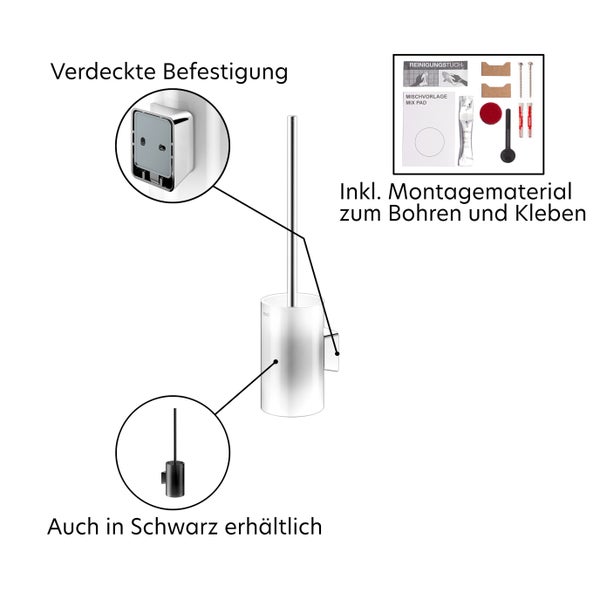 Wand-Toilettenbürstengarnitur mit verdeckter Befestigung, inklusive Montagematerial zum Bohren und Kleben, auch in Schwarz verfügbar.