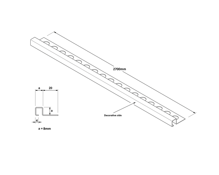 Zeichnung einer Profilschiene mit den Maßen 2700 mm Länge, 8 mm Höhe und 20 mm Breite