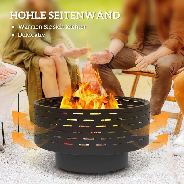 Outsunny 3-in-1 Feuerschale Ø60 x 39cm aus Edelstahl Feuerstelle mit Grillrost Schürhaken Funkenschutz in Holzoptik Feuerschalen Feuerkorb für Garten, Balkon Terrasse, Outdoor BBQ Camping Kohlegrau