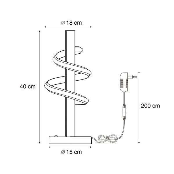 Maßzeichnung spiralförmige Tischleuchte: Höhe 40 Zentimeter, Durchmesser 18 Zentimeter, Fuß 15 Zentimeter, Kabellänge 200 Zentimeter.