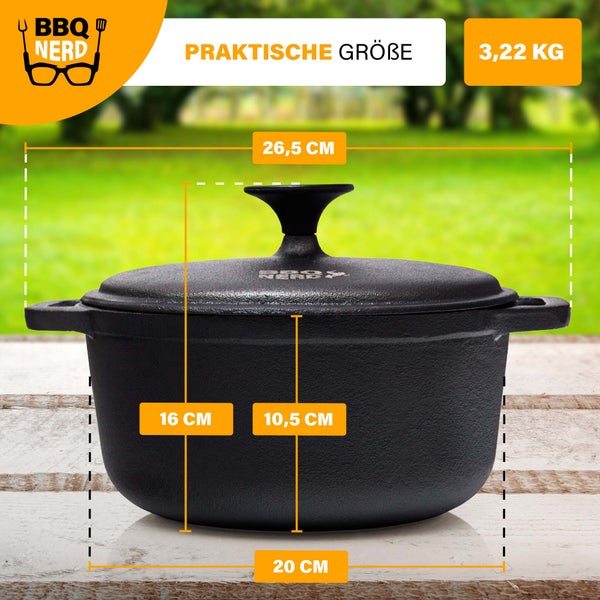 BBQ-Nerd Bräter mit Deckel (rund, Ø 21 cm) aus Gusseisen 3 L | Bratentopf Kochtopf Gusseisentopf Schmortopf | Cocotte zum langsamen Garen - Herd, Ofen & Grill