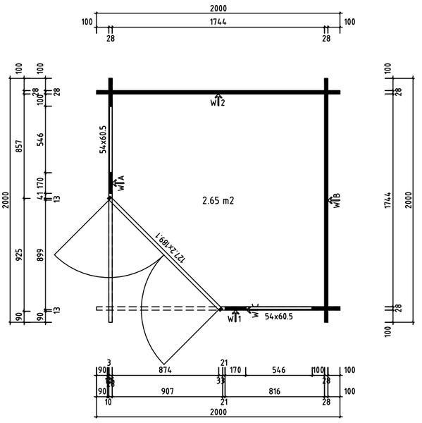 Technischer Grundrissplan für ein Gartenhaus mit 2,65 Quadratmetern Grundfläche inklusive Maßen für Wände, Türen und Fenster.