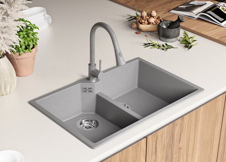 PRIMAGRAN Spülbecken Grau 78x50cm, Granitspüle 2 Becken + Ablauf-Set, Küchenspüle ab 80er Unterschrank - Madrid Twin