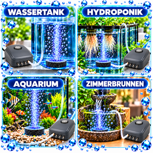 Aquarium Luftpumpe mit vier Ausgängen und einer Leistung von 360 Litern Luft pro Stunde für eine vielseitige Belüftung.