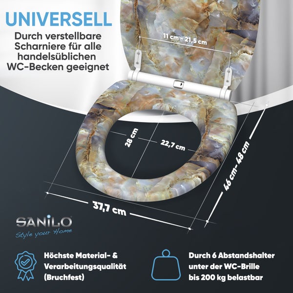 Toilettensitz mit Marmordesign, Sanilo Logo. Breite 37,7 Zentimeter, Länge 46 bis 48 Zentimeter. Bruchfest und bis 200 Kilogramm belastbar.