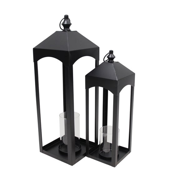Zwei moderne Windlichter aus Metall mit Glaseinsatz für Kerzen