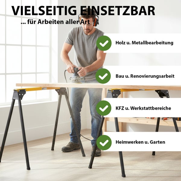 Mann bearbeitet Holz auf Arbeitsböcken mit einem Schleifgerät. Vielseitig einsetzbar für Holz- und Metallbearbeitung, Bau, Werkstatt und Garten.