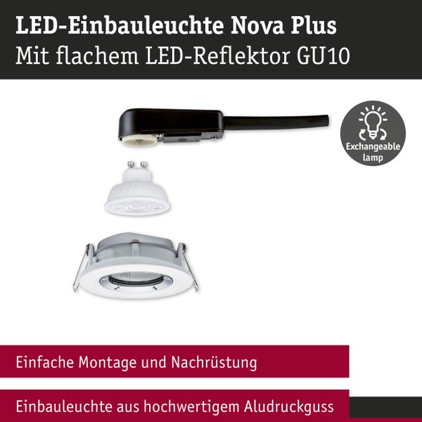 LED-Einbauleuchte Nova Plus mit flachem LED-Reflektor GU10, austauschbarem Leuchtmittel und Gehäuse aus Aludruckguss.