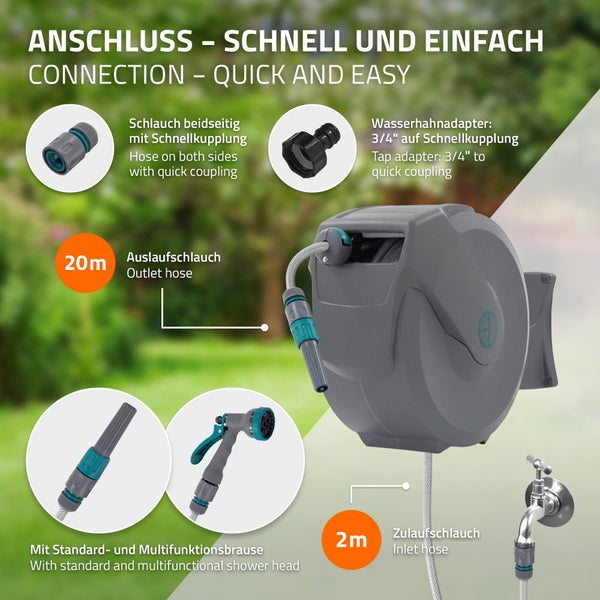ECD Germany Schlauchaufroller 20m+2m, Schlauchtrommel, Wand-Schlauchbox RollUp mit Arretierstop und 9 Sprühfunktionen, 180° Schwenkbar, Automatischer Wasser Gartenschlauch-Aufroller zur Wandmontage