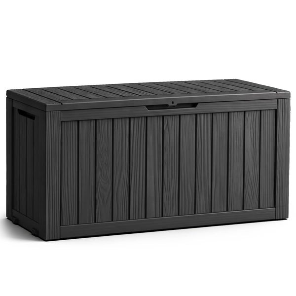 Gartenbox aus Kunststoff in Anthrazit mit Holzoptik, abschließbarem Deckel und seitlichen Griffen.