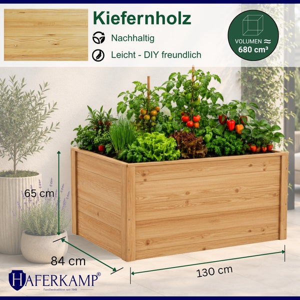 Haferkamp Hochbeet aus Kiefernholz mit Bepflanzung, Maße: 130 cm lang, 84 cm breit, 65 cm hoch.
