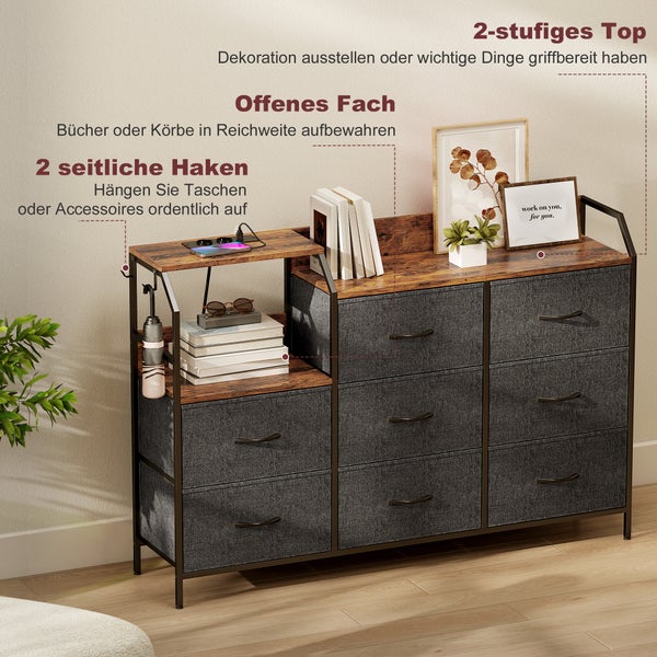 Kommode mit sechs Stoffschubladen, zwei Ablagen und zwei seitlichen Haken