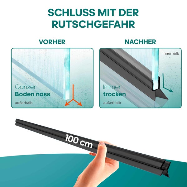 Duschdichtung Schwallschutzleiste für Glastüren, Vorher-Nachher Vergleich zeigt trockenen Boden, Länge 100 Zentimeter.