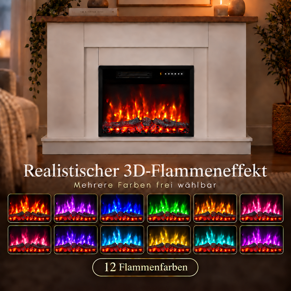 Elektrischer Kamin mit 3D Flammeneffekt und 12 wählbaren Flammenfarben in einem gemütlichen Wohnraum eingebaut.