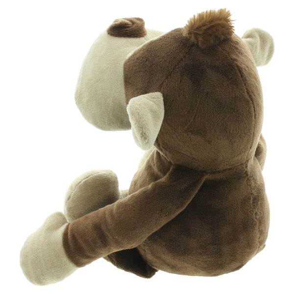 Kuscheltier Affe aus braunem Plüsch, sitzend, Ansicht von hinten.