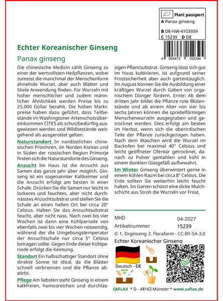 SAFLAX  - Echter Koreanischer Ginseng - Panax ginseng - 10 Samen